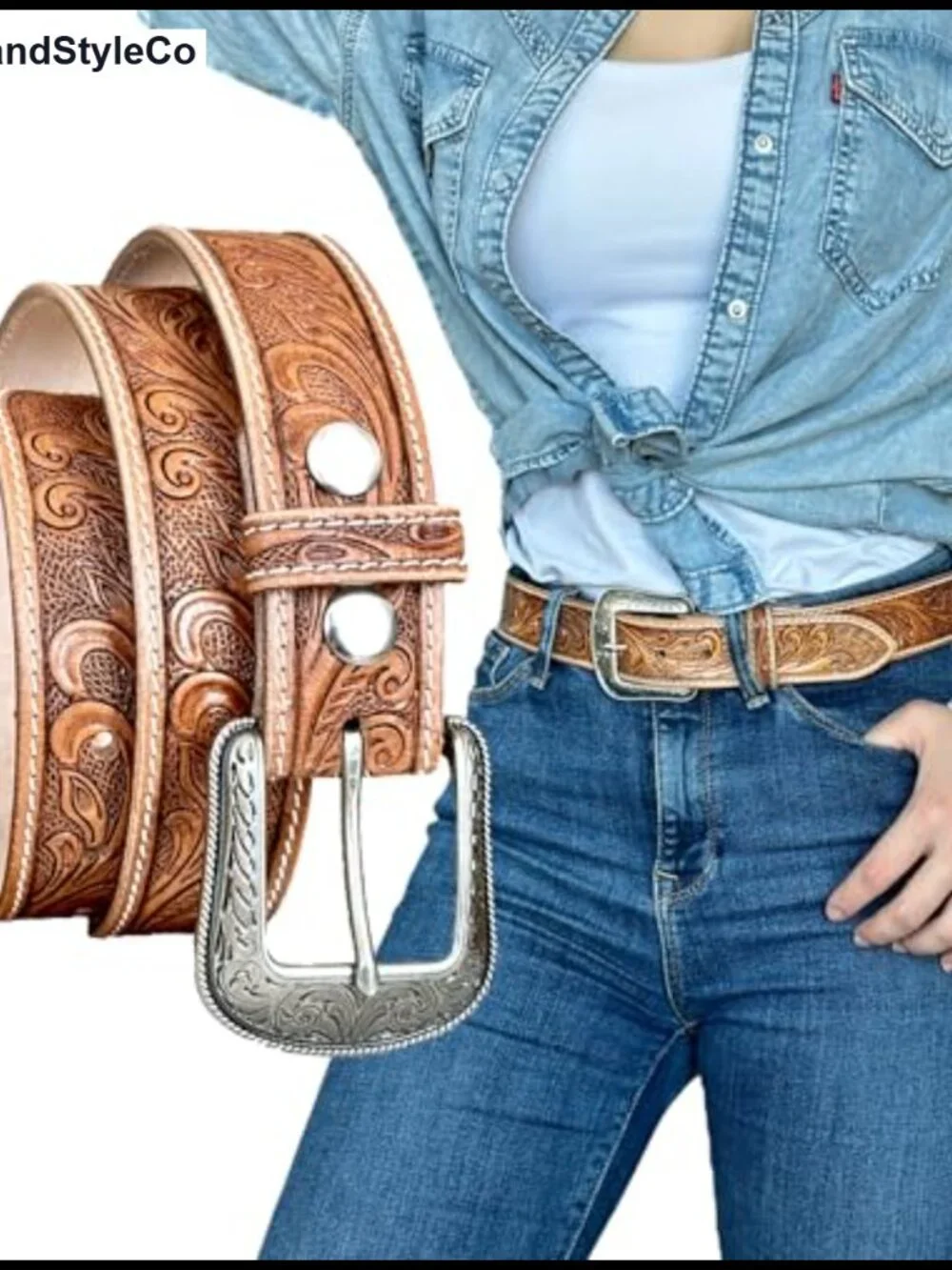 Full Grain Leather Western Cowgirl Belt Interchangeable Buckle Tooled Design